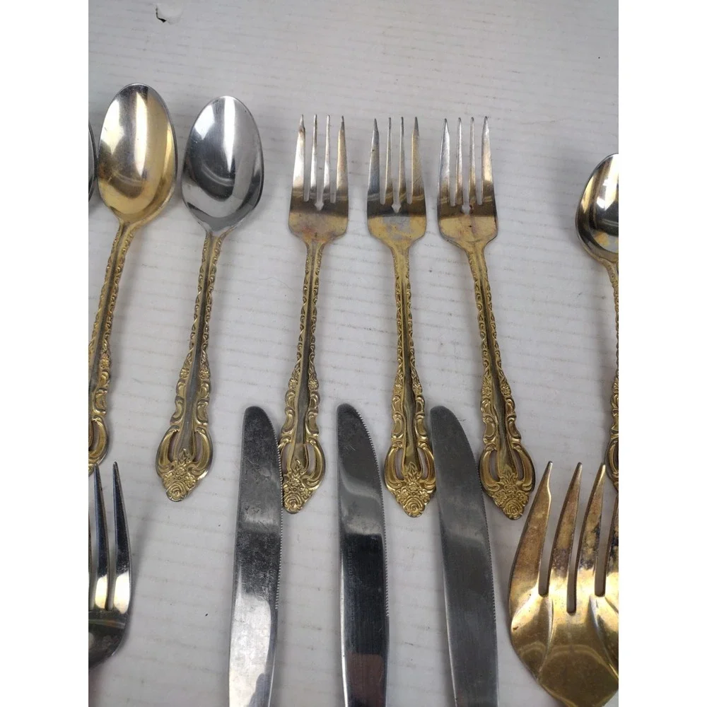 Vintage 24 PC Gold Tone Ornate COOK'S ESSENTIALS 18/10 STAINLESS FLATWARE